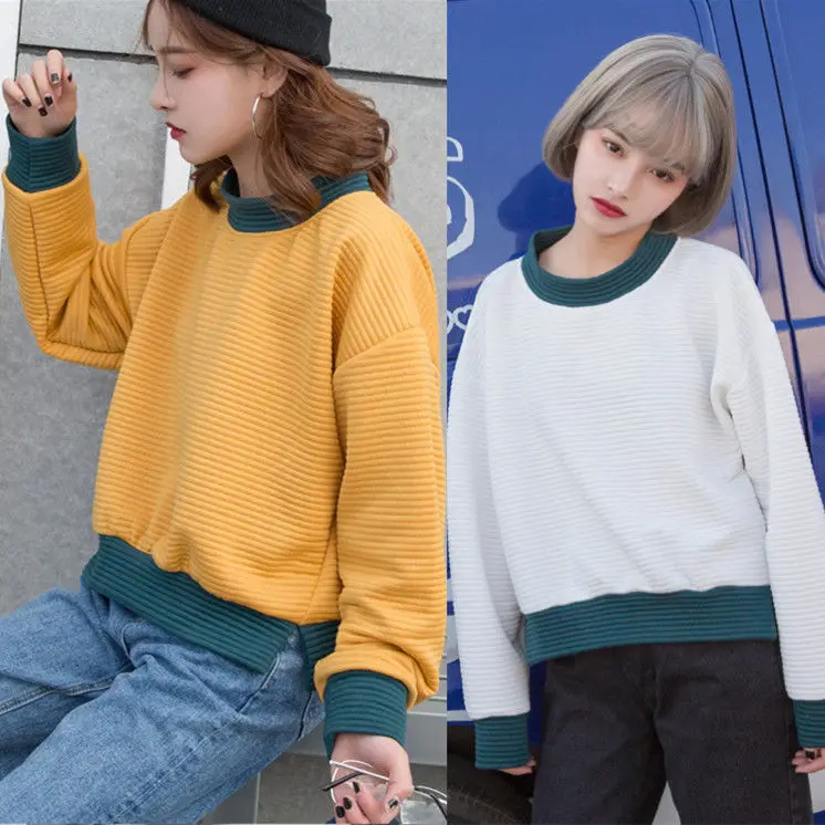 

New Women Hoodie Female Short Sweatershirt Fashion Print Stripe Loose Student Korean Autumn Spring Warm Pullover Damska E179