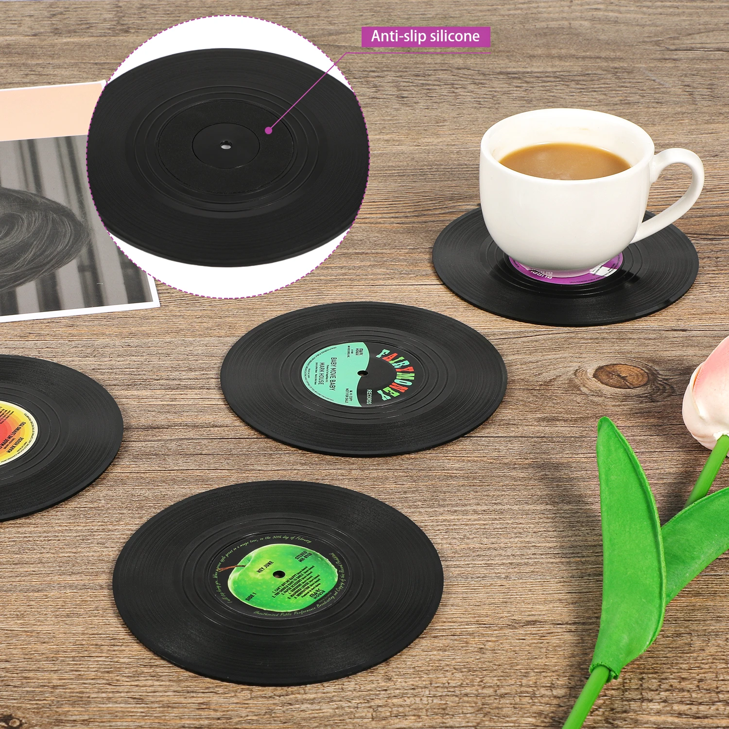 

Vinyl Coaster Cup Mat 6pcs Plastic Record Cup Mat Retro Mug Coaster Pad Heat-resistant Non Slip Hot Drink Holder Home Decoration