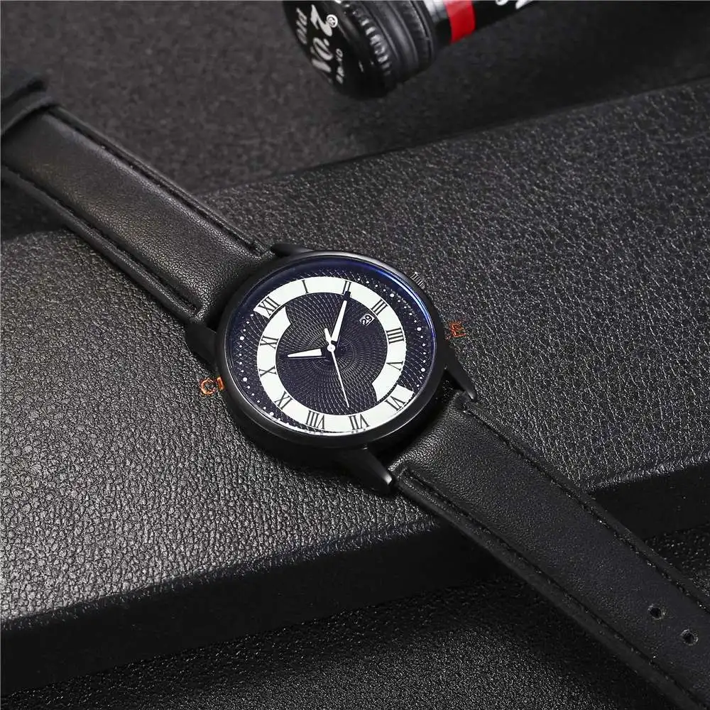 

Unique Popular Designer Men's Watch Auto Date Display Style Quartz Watches for Male Leather Strap Mens Quartz-watch Reloj Hombre