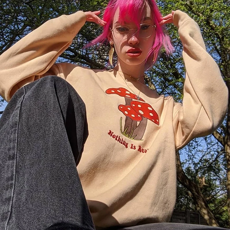 

Hip Hop Streetwear Khaki Funny Mushroom Embroidery Sweatshirt Women Vintage Oversized Winter Tops 2021 New Korean Fashion Teens