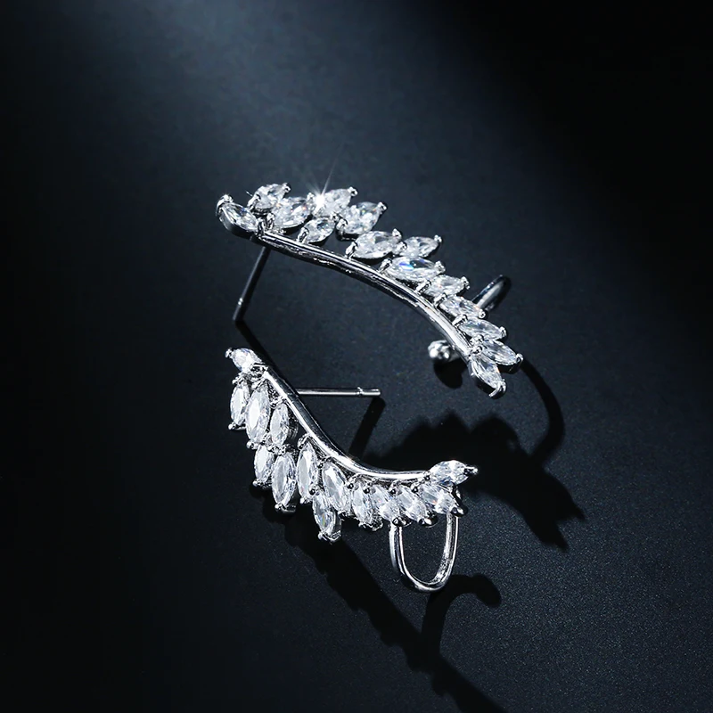 UILZ модные серьги клипсы в форме пера с кристаллами для женщин ювелирное изделие