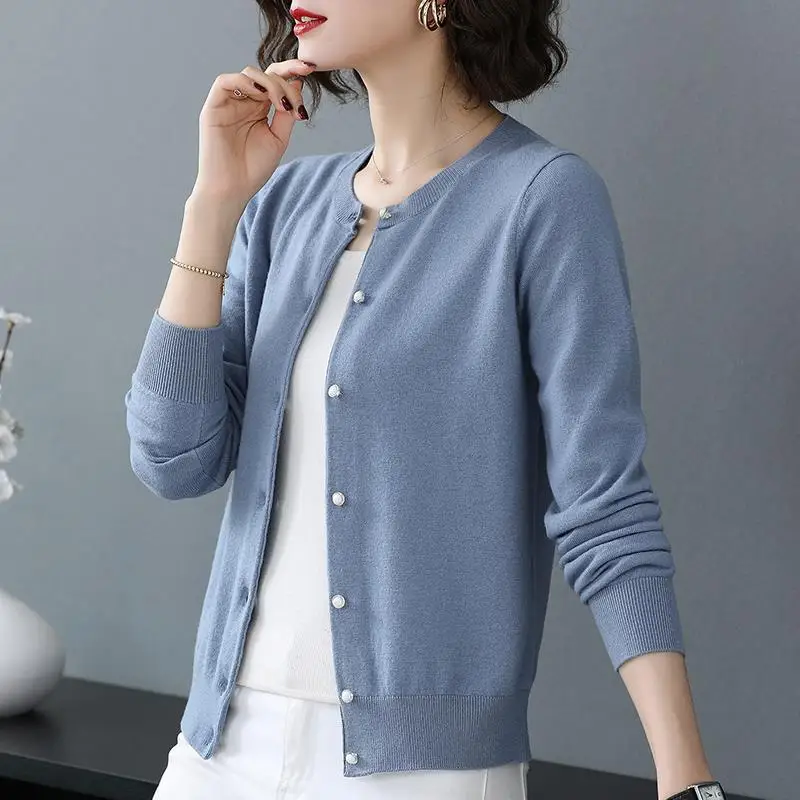 

Knitting solid Cardigans Women Fashion Korean Long sleeve big Size O-neck slim sweater female 2021 new casual spring black coat