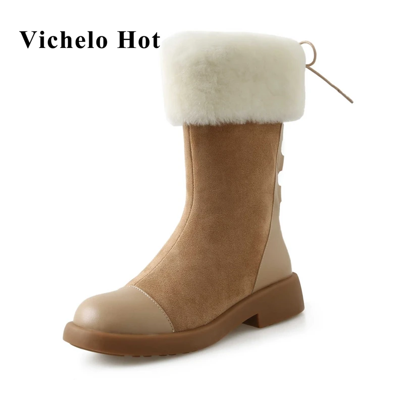 

Vichelo Hot cow leather round toe med heel snow boots winter keep warm fur cross-tied young lady streetwear cozy ankle boots L68