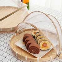 round bamboo storage basket with lid outdoor picnic food serving tent tray mesh gauze cover hand woven dustproof fruit bread