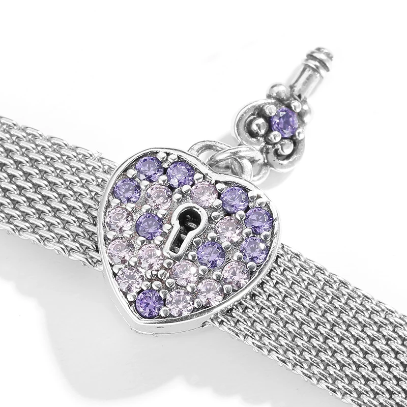 Новый 925 пробы серебряные блестящие Элегантность Фиолетовый Циркон Сердце ключ