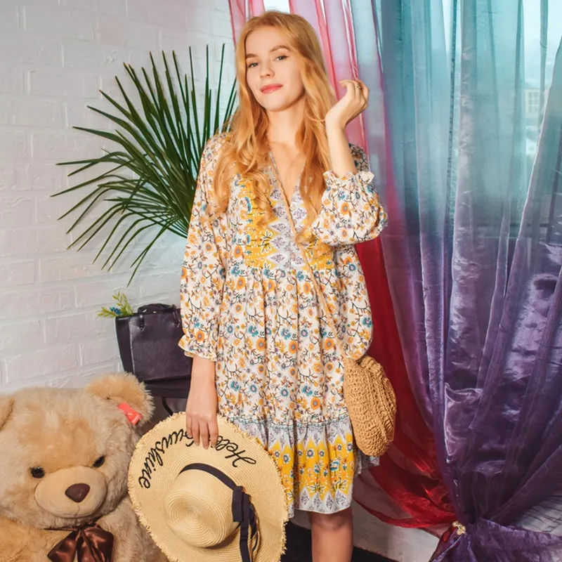 

2021 Spring New Print Dress Women Casual Butterfly Sleeve V Neck Short Dress For Women Fashion Loose Summer Dress
