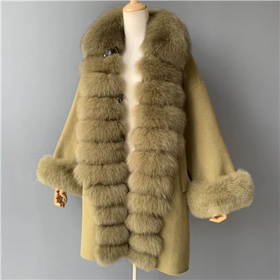 Army Green MAOMAOFUR кашемировое шерстяное пальто для женщин, длинный стиль, длинные рукава, воротник из натурального Лисьего меха, Полоска, пиджак с манжетами, Женское шерстяное пальто - Цвет: Army Green