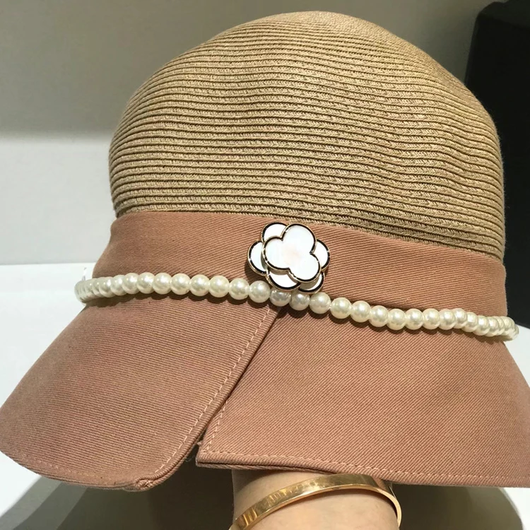 

Small Fragrance Pearl Bucket Hat Splicing Fisherman's Hat Sunshade Beach Hat Summer Sunscreen Cool Straw Hat Basin Hat