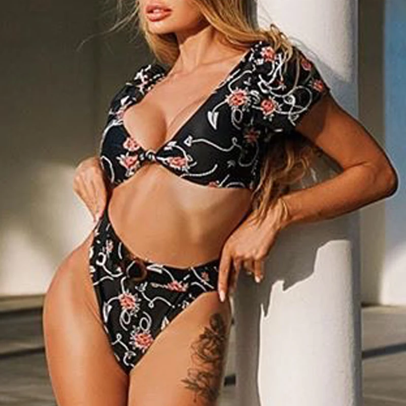 In-X Peacock print sexy bikini Short sleeve swimsuit female V neck swimwear women High waist bikini set Summer bathing suit