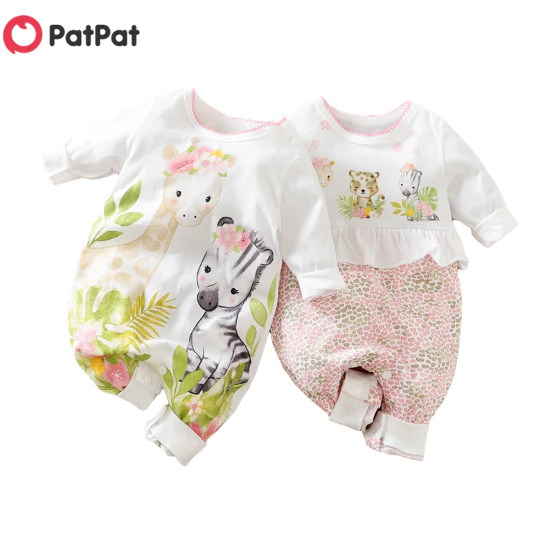

PatPat 2021 Summer Baby Girls Clothes Giraffe Zebra Animal Print Toddler Rompers Jumpsuit One piece 0-12M New Arrival