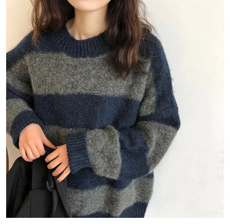 

Women's Knitted Sweater 2020 Autumn Winter Tops Striped Pattern Polyester Material Regular Casual Style Pullover Long Sleeves
