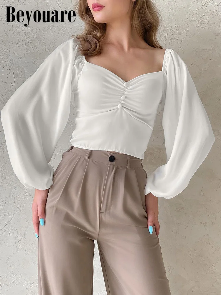 

Beyouare Elegant Women Shirt Lantern Sleeve Crop Top Square Collar Button Folds White Tops 2021 Autumn Casual Office Lady Blouse