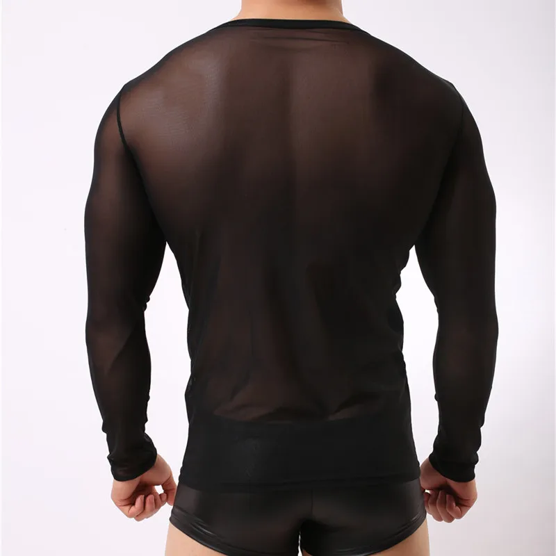 Mens Undershirts Mesh Underwear T-shirts Transparent Male Long Sleeve T-thirts Tops Slim Fitness Gym Bodybuilding Homewear