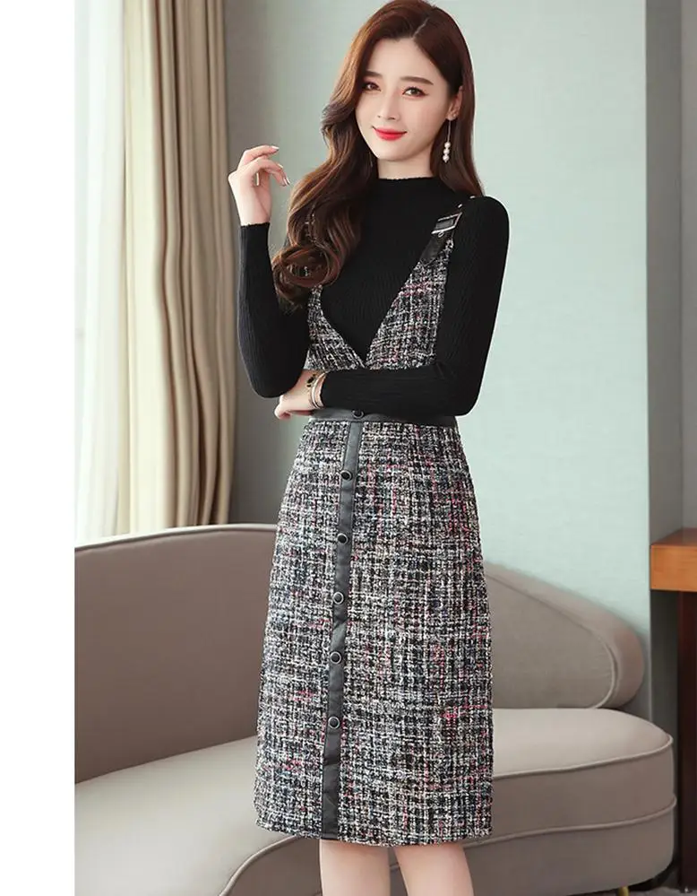black dress sweater Платье на тонких бретелях, женские зимние платья, офисный Женский Топ с длинным рукавом, однобортный комплект из 2 предметов, Осенние костюмы - Цвет: black dress sweater