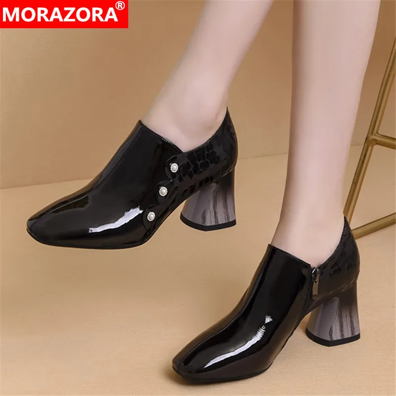 Женские туфли лодочки из натуральной кожи MORAZORA черные на толстом высоком каблуке