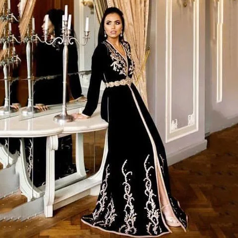 

Черное велюровое платье с длинным рукавом, Марокканское платье-кафтан, платье с аппликацией для выпускного вечера, исламский Дубай, Саудовс...