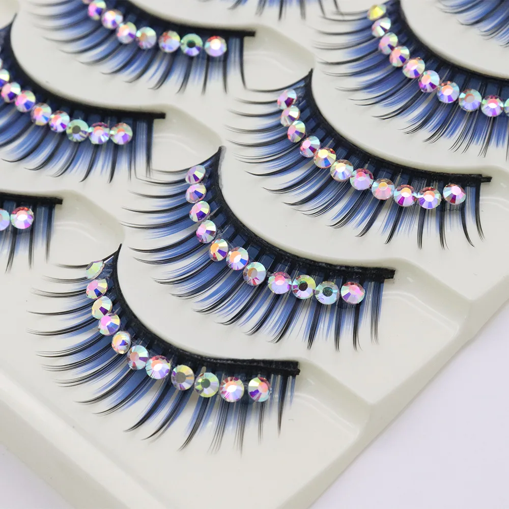 

5 Pairs Exaggerated Type Stage Performance Latin Dance Party Makeup Fake Eyelashes with Bling Glitter Diamond Stickers Eye Lash