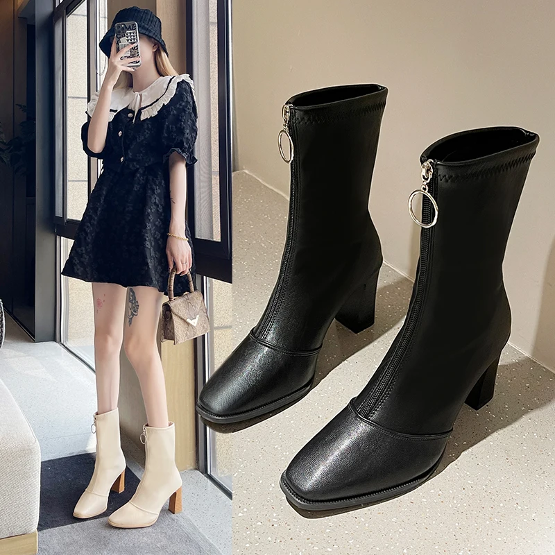 

Woman Flat Boots Winter Footwear Shoes Zipper Round Toe Low 2021 Ladies High Heel Rubber Rock Autumn Mid-Calf Mid Calf Slip-On
