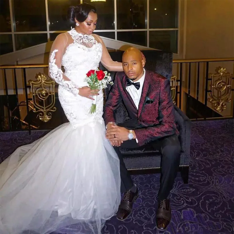 

Elegant Arabic Noble Mermaid Wedding Dresses Sheer Long Sleeve Beaded Lace Applique Bridal Gowns Formal Robe de Mariee 2020