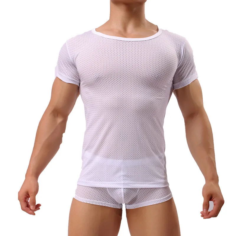 Sexy Undershirts Mens Clothes Set Breathable Shirt Men Underwear Set Male Undershirts Fitness Tops Pajamas Boxer Shorts