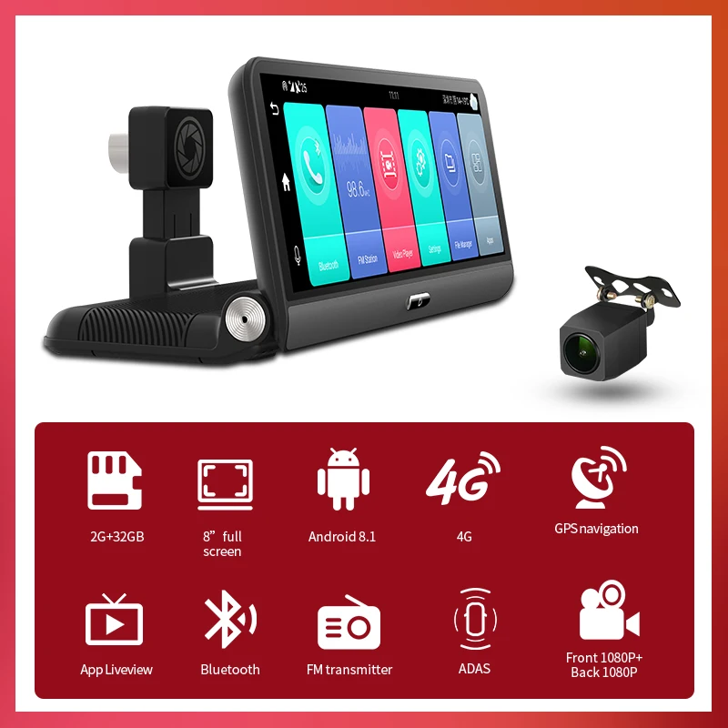 

8" 4G Android 8.1 2+32G dual cams car video recorder with WIFI GPS navigation HD1080P car assist remote monitor 4g car DVR