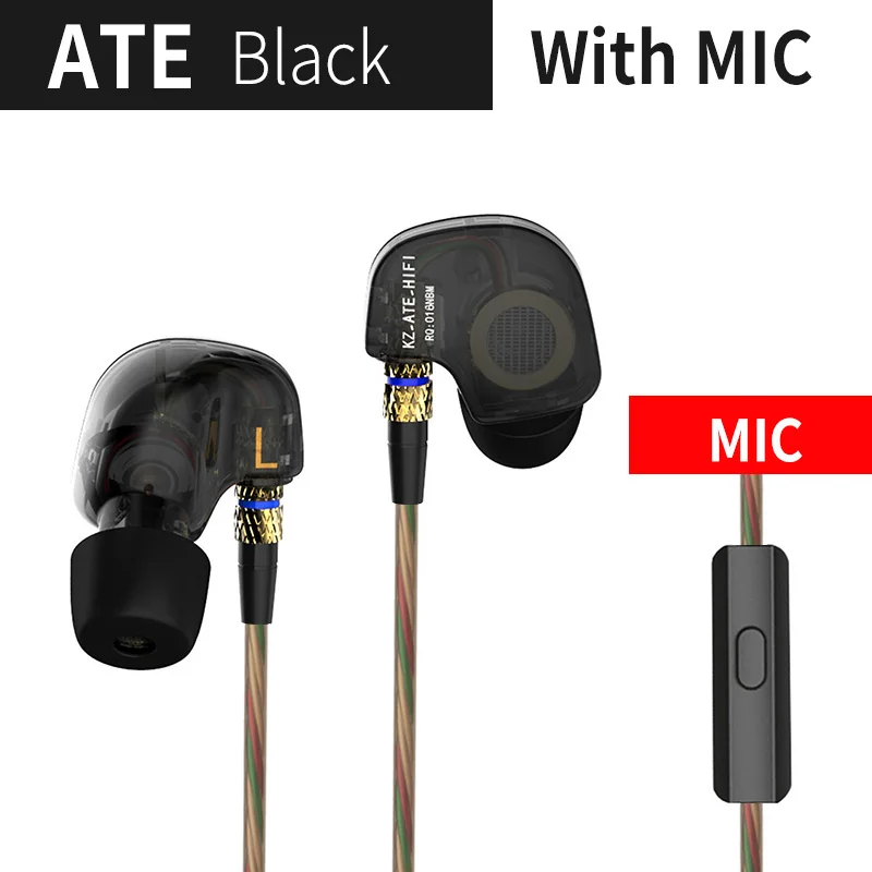ATE with mic KZ ATE ATR HD9 Динамический драйвер HiFi спортивные наушники с микрофоном в ухо наушники - Цвет: ATE with mic
