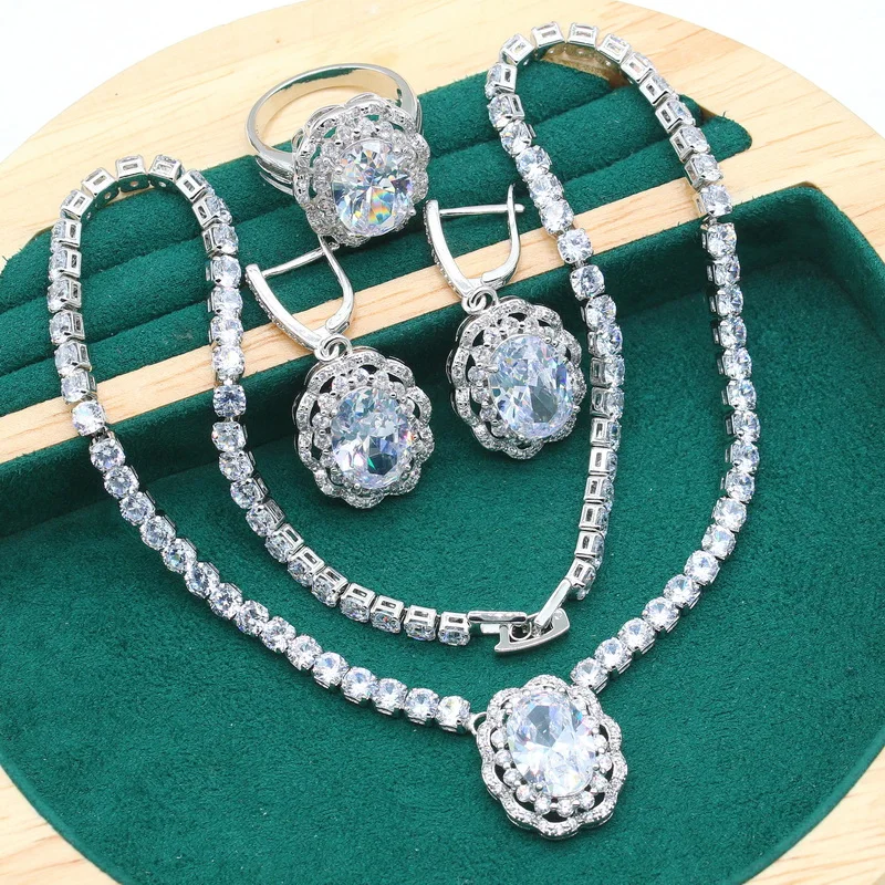 

Geometric 925 Silver Jewelry Sets for Women Bride White Topaz Necklace Pendant Earring Ring Halloween Christmas Gift