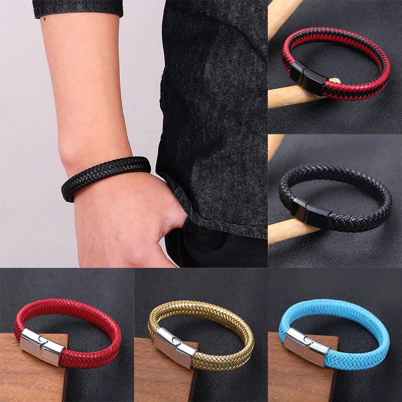 

1PC Punk Men Women Jewelry Black Red Braided Leather Bracelet Stainless Steel Magnetic Clasp Fashion Bangles Bracelets