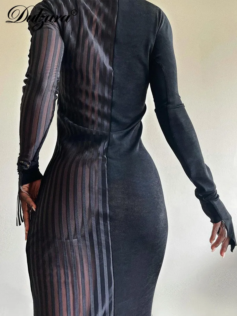 

Dulzura 2021 Осень Зима Женское Полосатое лоскутное худи с длинным рукавом Обтягивающее Платье-миди сексуальные прозрачные вечерние уличные Клу...