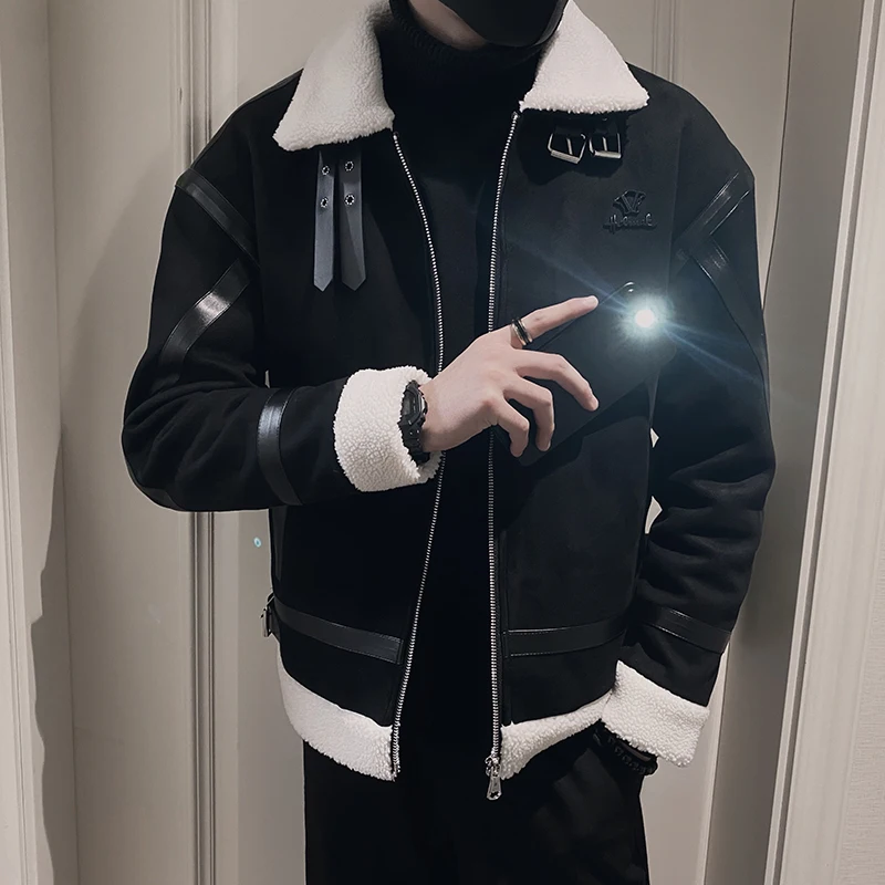 Autumn Winter Suede Men Jackets Plus Velvet Thickened Lapel Collar Motorcycle Parkas Casual Social Street Coats Chaquetas Hombre