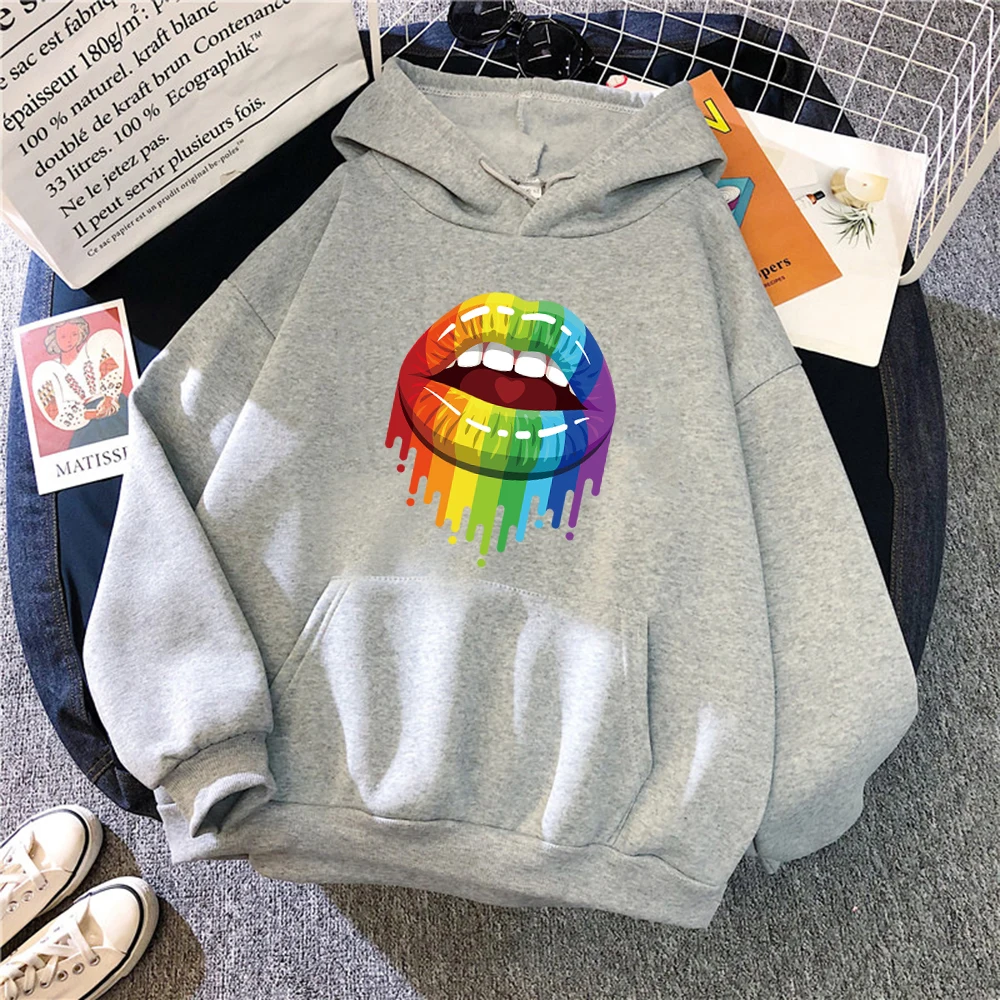 

Farbige Lippen Druck Weibliche Hoodie Retro Hoodies 2021 Neue Mode Casual Kleidung Herbst Warme Oansatz Sweatshirt Womans