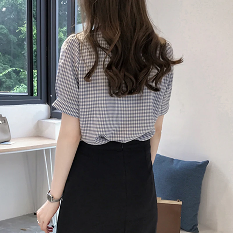 Женские летние топы 2021 женская блузка рубашка в клетку с коротким рукавом v