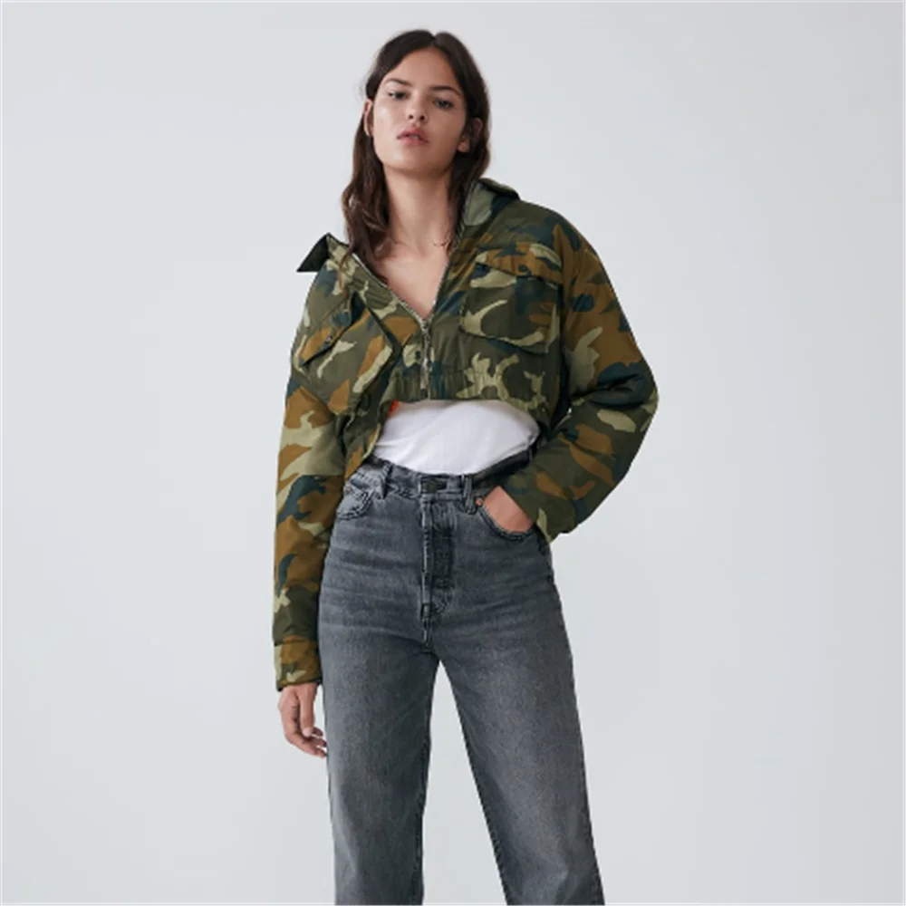 2019 ZA Женская куртка модная Новая Осенняя женская короткая камуфляжная пальто