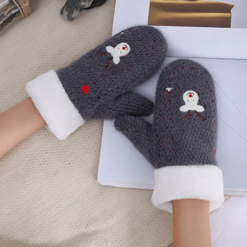 Women's Winter Double Thicken Velvet Wool Knit Warm Gloves Cute Cartoon Elk Embroidered Cashmere Cycling Driving Mittens L20 |