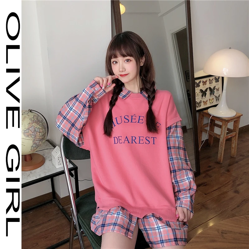 

Autumn Spring Long Sleeve Lapel Pullover Streetwear Plaid Oversized Sweatshirt Women Gothic Girl Harajuku Chic Letter Print