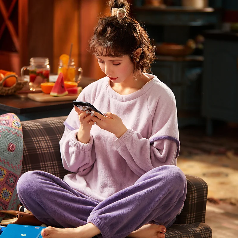 

Set Flannel Night Suits Sleepwear Coral Fleece Nightwear Thickened Pyjamas Homewear Long Pant Cloth Warm Winter Women's Pajamas