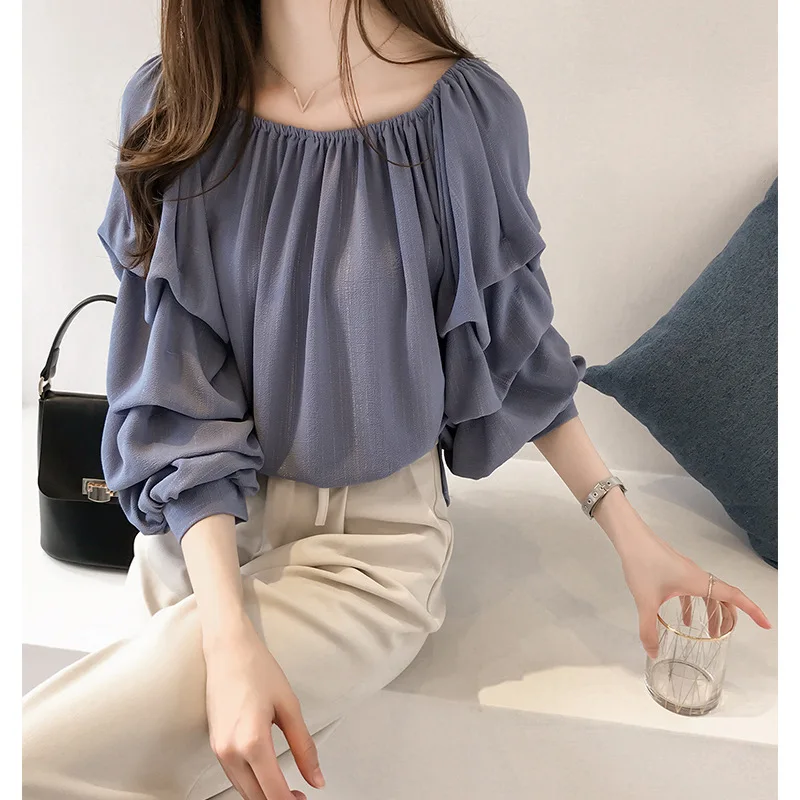 

Korean Style Temperament One-way Neck Strapless Chiffon Shirt Women's Loose Bubble Was Thin Solid Color Bottoming Shirt