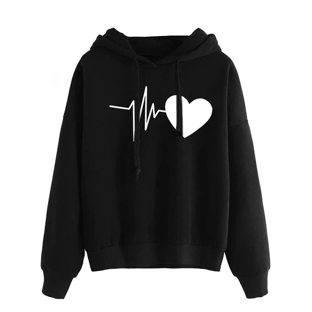 

Heart Print Casual Hooded Sweatshirts Plush Draw String Pullover Hoodie Women's Long Sleeve Sweatshirt Winter Holiday Hoodies