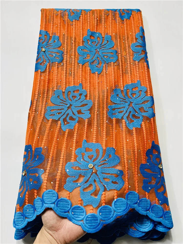Новейшая французская кружевная ткань высокого качества синяя оранжевая