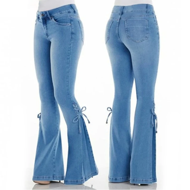 

Nice Pop Lady Mid-Waist Belt Denim Stretch Micro Bell Bottom Jeans Casual Fashion Jeans Pop 88