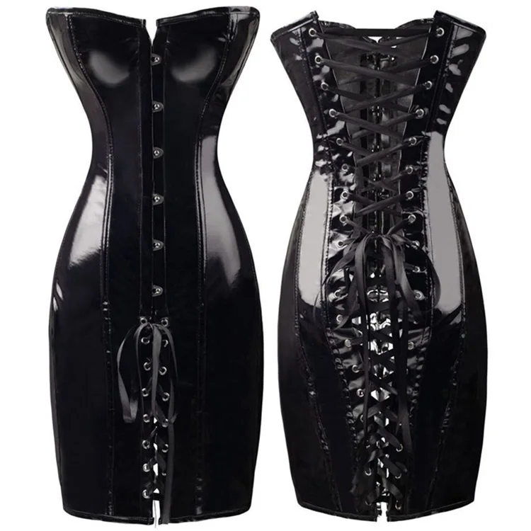 Sexy PVC Corset Top Mujer Dress Steampunk Summer Dresses Corsed Bustier Shinny Faux Leather Gorset Waist Slimming Corselet Corse