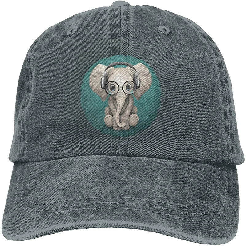 

Sitting Elephant with Glasses and Headphone Denim Dad Hat Cotton Retro Baseball Cap Jeans Casquette Adjustable Trucker Caps