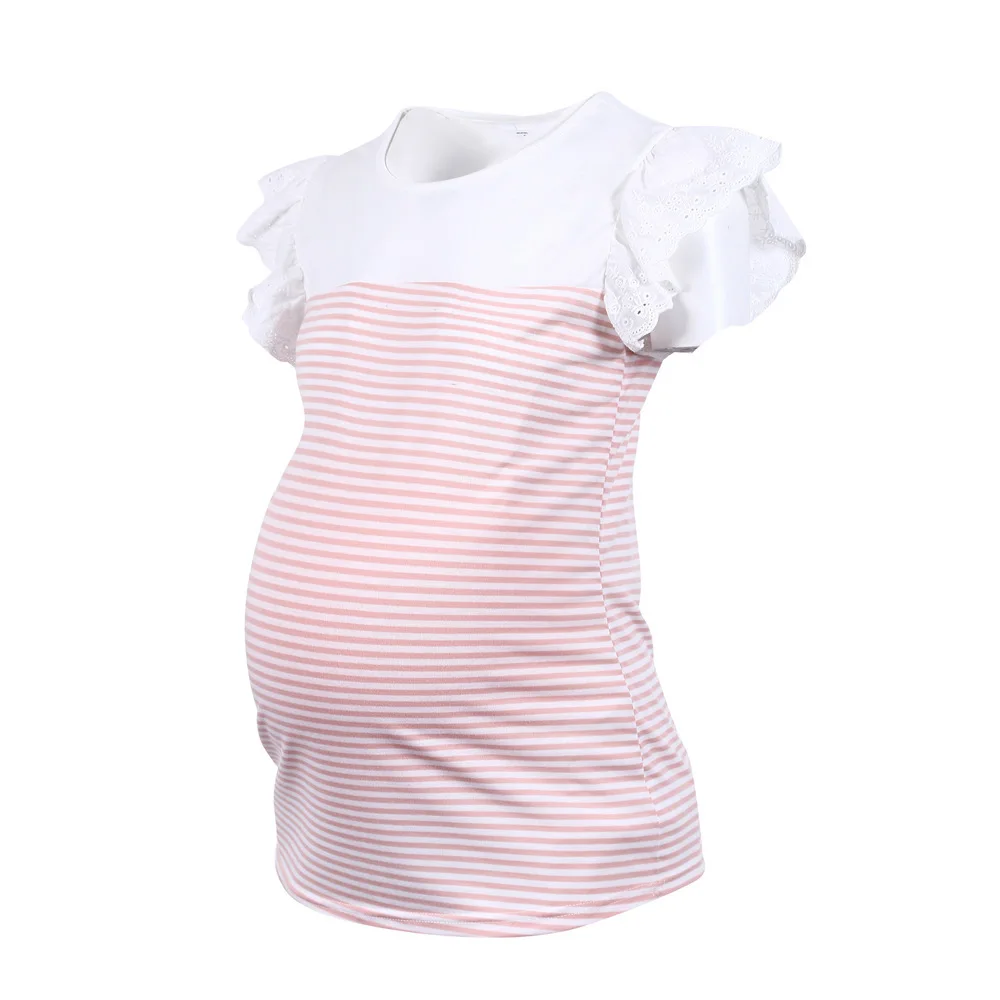 

Qunq Summer Maternity T-shirt Striped O-neck Casual Shirts for Pregnant Woman 2021 New Ruffle Sleeve Pregnancy Tops Clothes