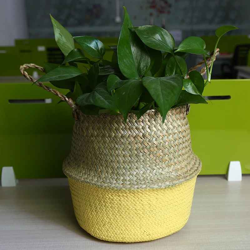 

Folding Seagrass Laundry Storage Basket Yellow Garden Flowerpot Planter Natural Rattan Flower Baskets Wicker Clothes Organizer