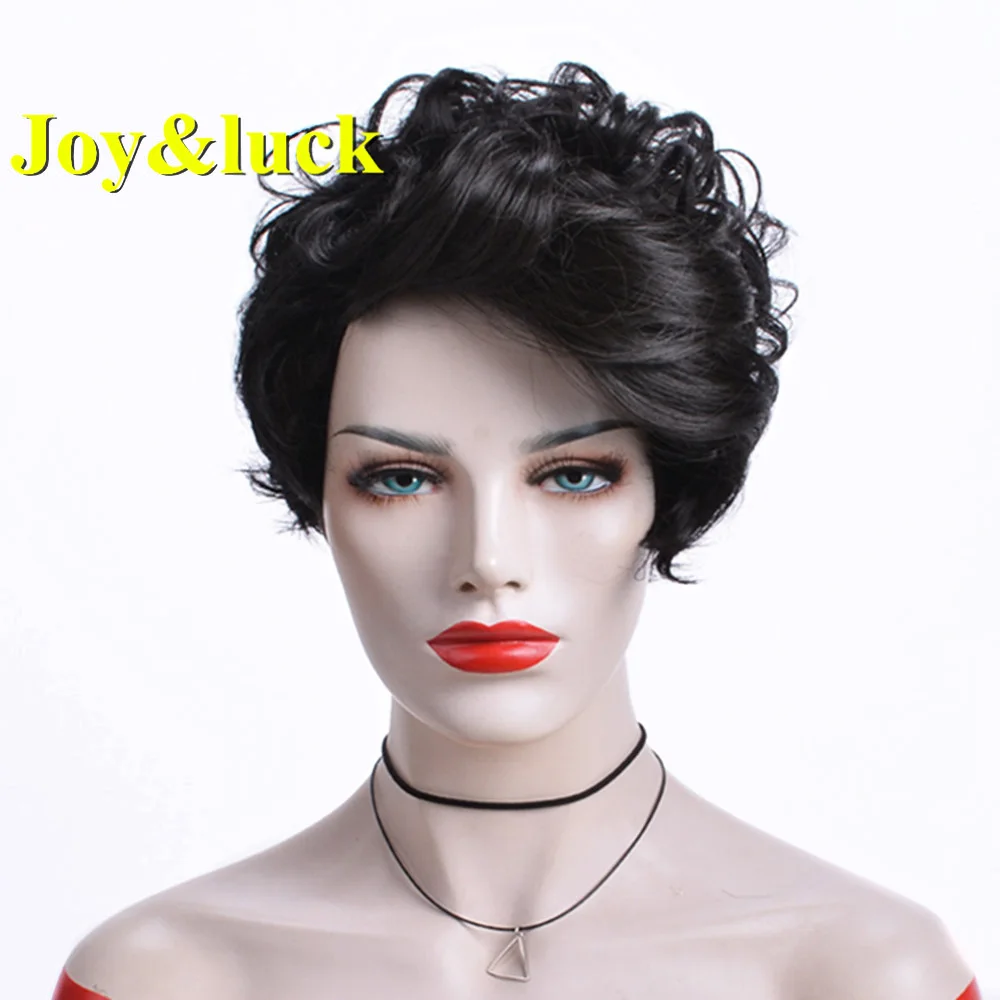 

Joy & luck, короткий парик, Pixie Cut, синтетические парики для женщин, черный парик для волос с челкой, высокая температура, синтетическое волокно, п...