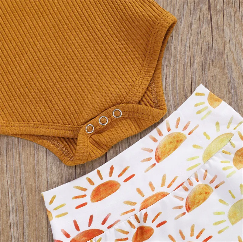 

0-18M Toddler Baby Girl Sleeveless Romper Tops+Floral Shorts+Headband Outfit Set Ribbed Stripe Cotton Casual Summer Clothes