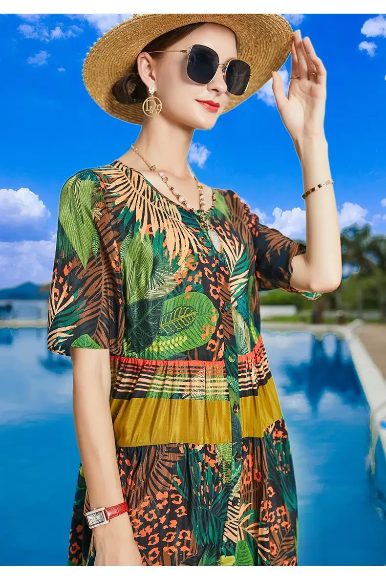 

2021 New Summer Women Fashion Casual O-Neck Streetwear Dresses Lady Silk Floral Print Dress Elegant Loose Mid-long Vestidos B22