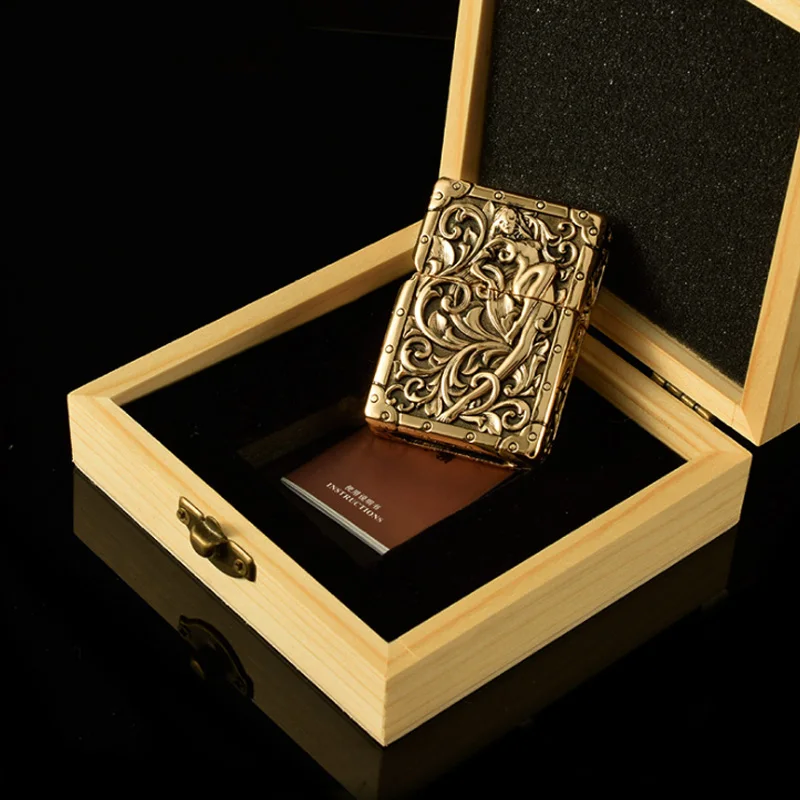

Chief Flower Fairy Pure Copper Kerosene Lighter Light Retro Embossed Water Cane Kerosene Lighter Noble Tang Grass Gift Lighter
