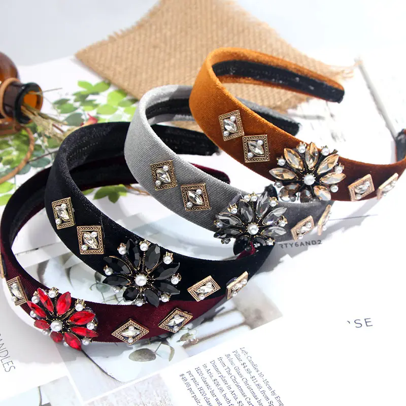 

Flatfoosie Luxury Crystal Pearl Flower Headbands For Women Girls Wedding Hair Accessories Velvet Satin Hairband Fashion Jewelry
