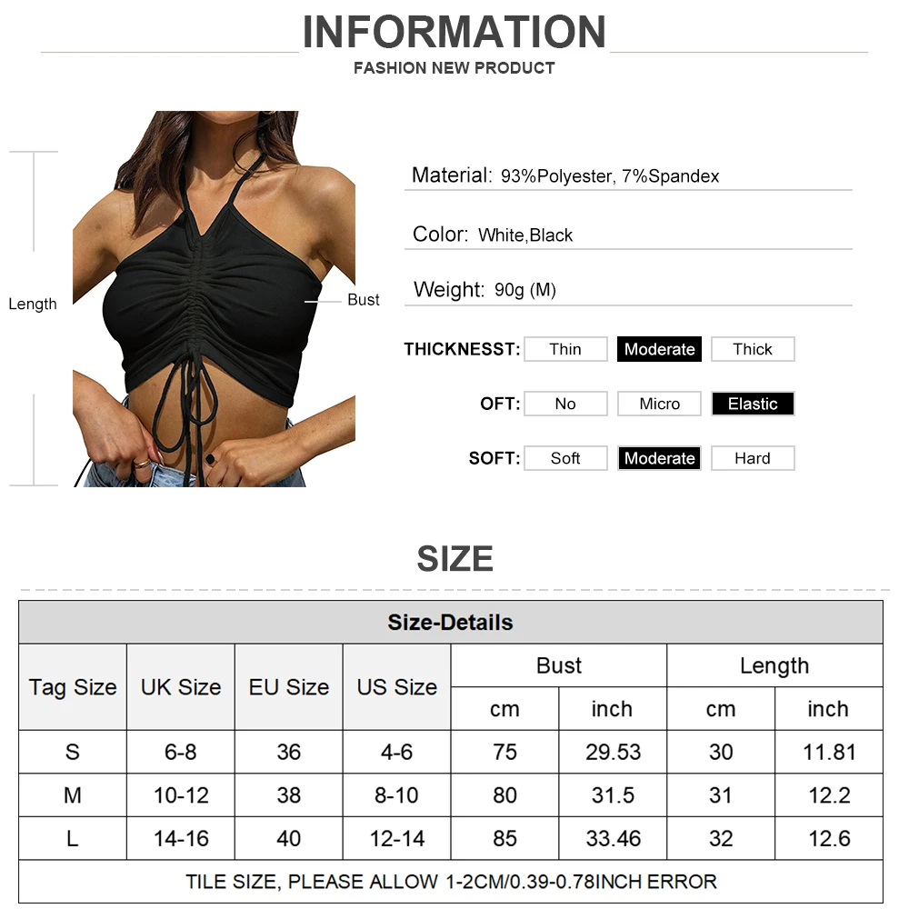 

Summer Solid Sleeveless Ladies Crop Tops Women Halter Camisole Party Club Wear Vest Sexy Ribbed V-neck Drawstring Tank Top D30